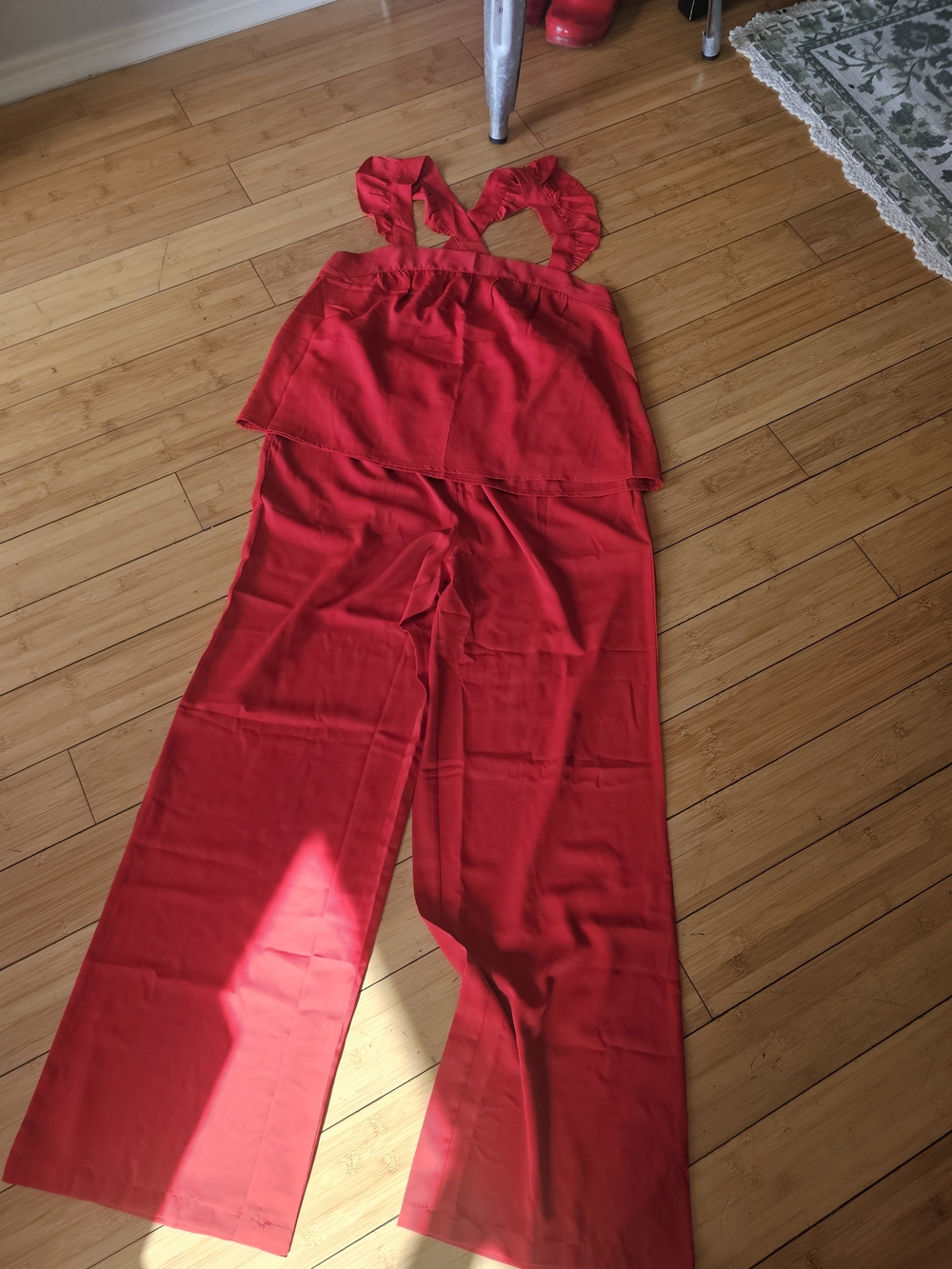 Red Wide-Leg Pant Cami Set with Ruffled Adjustable Straps